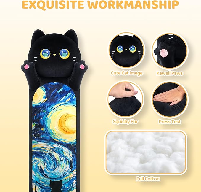 Mewaii Long Cat Plush 5 Sizes, 120% Extra Filling Giant Plushness Kids Body Pillow, Kawaii Cute Black Starry Cat Stuffed Animals Plushies, Big Long Body Pillow Plush Gift for Girls 20”