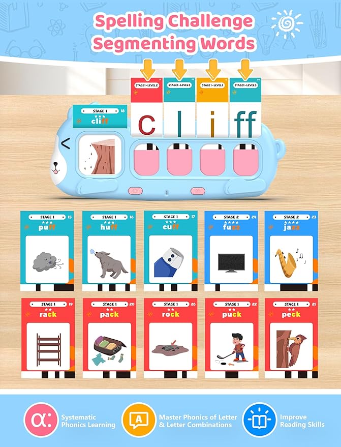 QuTZ Phonics Learning Toy for Preschool Kids – Talking Flash Cards with Sound Machine, Word Blending & Math Games – Educational Reading & Counting Activity Set 4-8