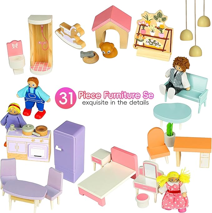 Wooden Dolls House for Toddlers Aged 3–5: Complete Set with Furniture, 4 Family Member Dolls, and a Pet Dog – Villa-Style Design for Indoor Play. Ideal Dollhouses for Children Aged 3 to 8