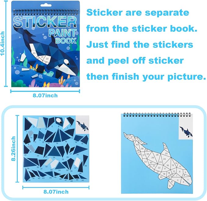 Ocean Paint by Sticker Crafts for Kids Ages 4-8 Sticker by Number Book for Boys and Girls Birthday Gifts Party Favor, Travel Toys for Toddlers for Learning