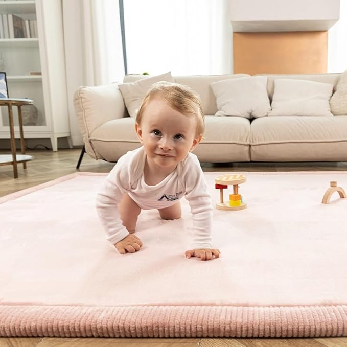 Stylish Coral Velvet Baby Play Mat 60" x 80" Pink – Soft 1" Thick High-Density Memory Foam Nursery Rug – Playmat for Floor with Non-Slip Backing for Crawling & Playing – Non-Toxic, odorless Area Rug