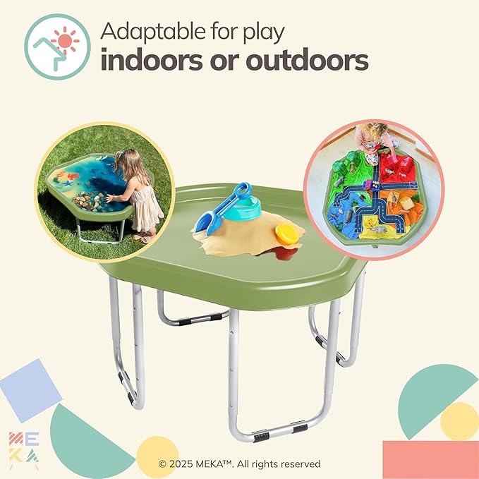 MEKA Small 28"x28" Tuff Tray Set Olive Green, Activity Sensory Tray Plus Stand Children, Outdoor Play Sand and Water Table for Toddlers and Kids, Toy Boys Girls
