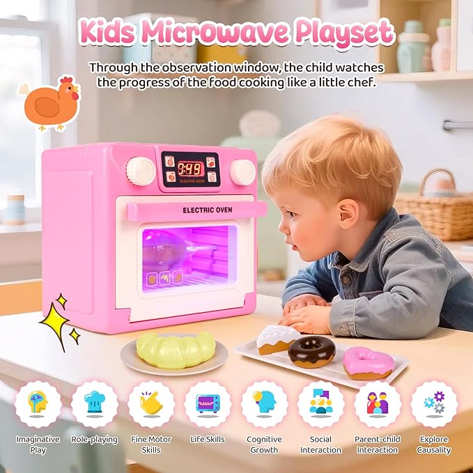 Play Kitchen for Toddlers Toy Oven, Pink Easy Bake Oven for Girls, Kids Kitchen Playset with Color-Changing Foods, Kids Microwave Toys Pretend Toddler Cooking Gifts for Girls Boys