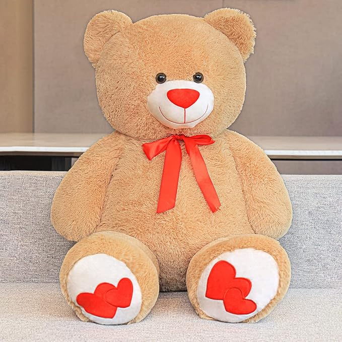 Big Teddy Bear 43.3 inch Giant Stuffed Animal Bears with Love Heart Cute Soft Large Plush Toy for Kids Girlfriend Valentine's Baby Shower, Light Brown