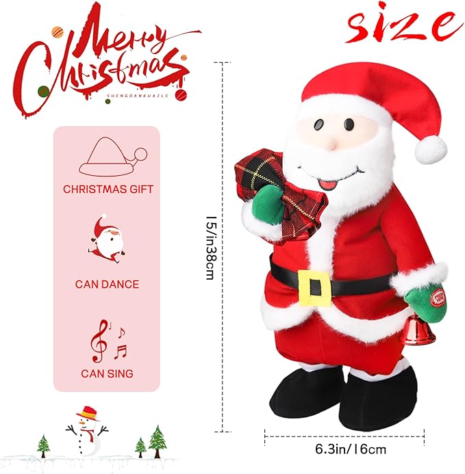 Jumping Dancing Singing Santa, Singing Dancing Santa Claus Toys Animated Christmas Plush Toy Funny White Elephant Musical Plush Toys 2025 Xmas New Year Gift for Kids,15"