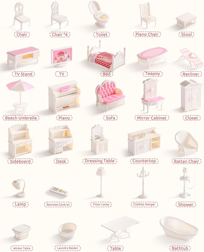 ROBUD Dollhouse Furniture Set, 30pcs Premium Pretend Play Dollhouse Accessories, Doll House Accessories and Furniture for 6 Rooms, for Dollhouse Decoration for Ages 3+