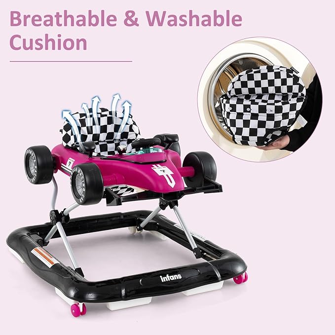 INFANS 4 in 1 Baby Walker, Foldable Toddler Activity Center with Adjustable Height, Padded Seat, Music, Light, Removable Tray, Push Walker for Girls Boys Aged 6-18 Months (Violet)