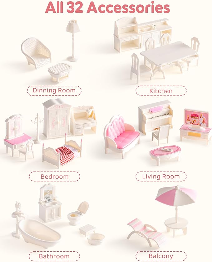ROBOTIME 28PCS Dollhouse Furniture and Accessories Set, 1:12 Scale Doll House Mini Furniture Playset with Bedroom, Living Room, Bathroom Accessories, Pretend Play Furniture Toys Gift for Kids Girls