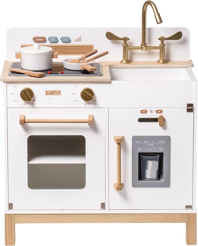 ROBOTIME Play Kitchen for Toddlers, Wooden Kids Play Kitchen Playset with Real Lights & Sounds/Ice Cube Dispenser, Pretend Play Montessori Toy Kitchen, Gift for Ages 3+