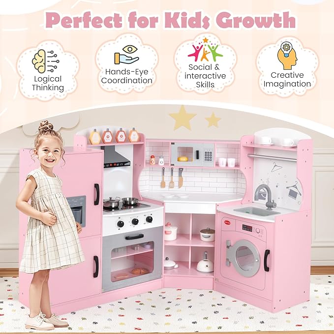 MAT EXPERT Kitchen Playset, Corner Kids Kitchen Playset with Ice Make, Washing Machine, Microwave, Sink, Range Hood, Toy Kitchen, Wooden Play Kitchen for Toddler, Gift for Boys Girls (Pink)