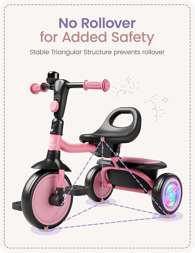 besrey Colorful Lighting Toddler Tricycle for Ages 18 Months to 5 Years, Toddler Bike with Bell, Kids Tricycle, Gift for 2-5 Year Olds, Toy for Boys and Girls, Tricycle for Toddlers, Pink