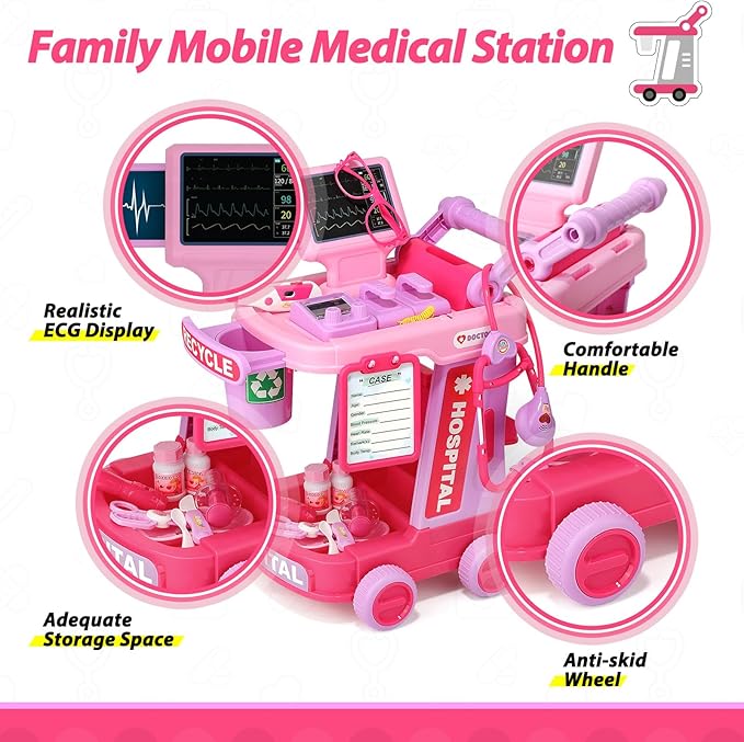 Liberry Doctor Kit for Toddlers Ages 2 3 4 5, Pretend Kids Doctor Playset with Cart, Costume and Stethoscope, Role Play Medical Toys Christmas Birthday Gift for Girls Boys (Pink)