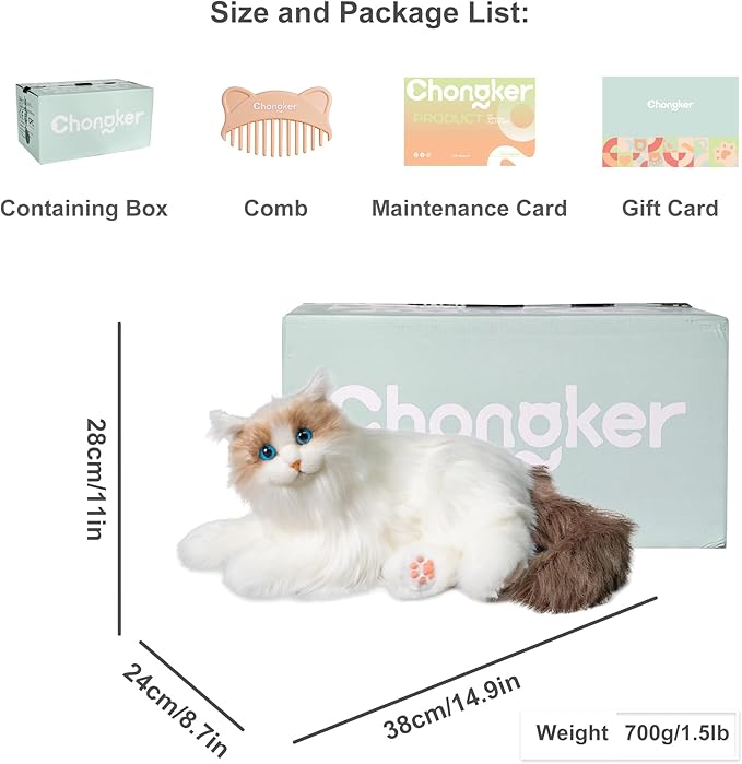 Chongker Interactive Companion Robot Cat Pets, Handmade Weighted Stuffed Animals, Cat Plush Toy with Voice Response, Realistic Heartbeat and Purring, Ragdoll Cat