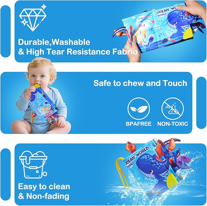 Baby Books Toys,Touch and Feel Crinkle Cloth Book for Infant Baby 0-18 Months Sensory Book for Babies,Teething Toys Tummy Time Crinkle Book for Infant Babies,Newborn Stocking Stuffers