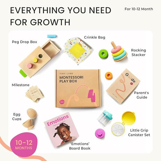 Tiny Land Montessori Toy Set for Babies 1 Year Old Thinker Play Kit- 5-in-1 Wooden Learning Toys with Peg Drop Box, Rocking Stacker, Egg Cup, Canister Set, and Crinkle Bag