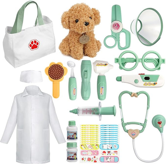 Liberry Doctor Kit for Toddlers 3 4 5 6 Years Old, 26 Pcs Kids Doctor Playset with Dog Toy, Stethoscope and Dress Up Costume, Pretend Play Medical Christmas Gift for Boys Girls (Green)