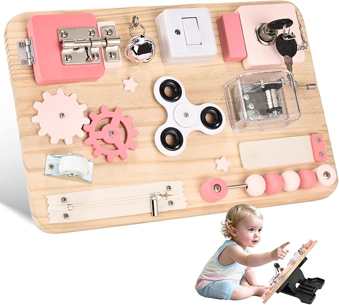 Potatomato Pink Montessori Wooden Busy Board – Sensory Fine Motor Skill Toy for Toddlers – Educational Activity Board for Kids – Travel Fidget Toy for Girls & Boys – Birthday Gift for Autism & ADHD