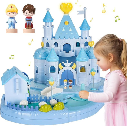 Dream Princess Play Set, 12.2*8.6*8.8 inches with 2 Magnetic Control Movable Toys, Magnetic Doll House Building Toys with Light Music, Toy Gift for Girls Kids Ages 6+（Blue）