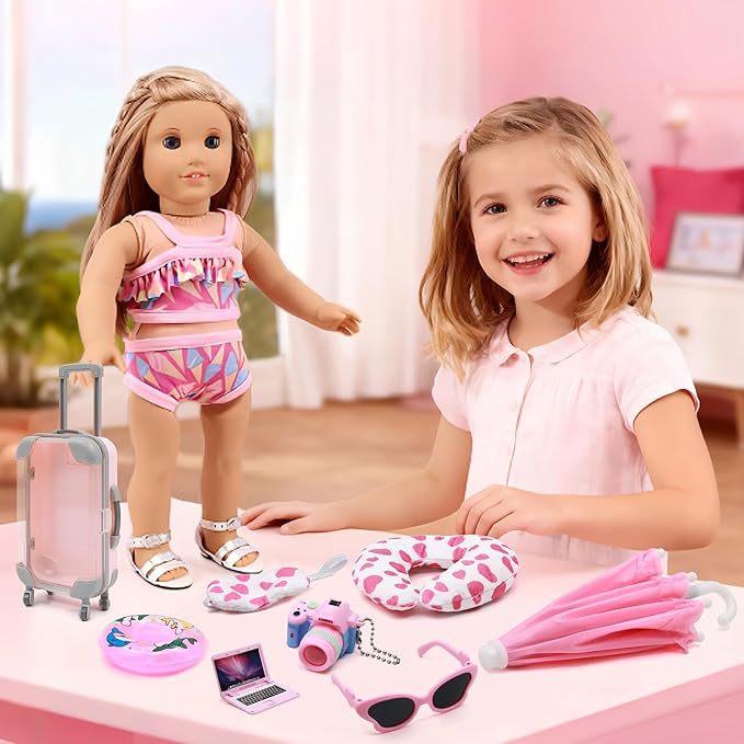 Acelane American Doll Travel Suitcase Play Set - 18 Inch Doll Travel Carrier with Luggage, Clothes, Sunglasses, Camera, Laptop, Pillow - Pretend Play Toys Gift for Girl's Birthday, Christmas, Party