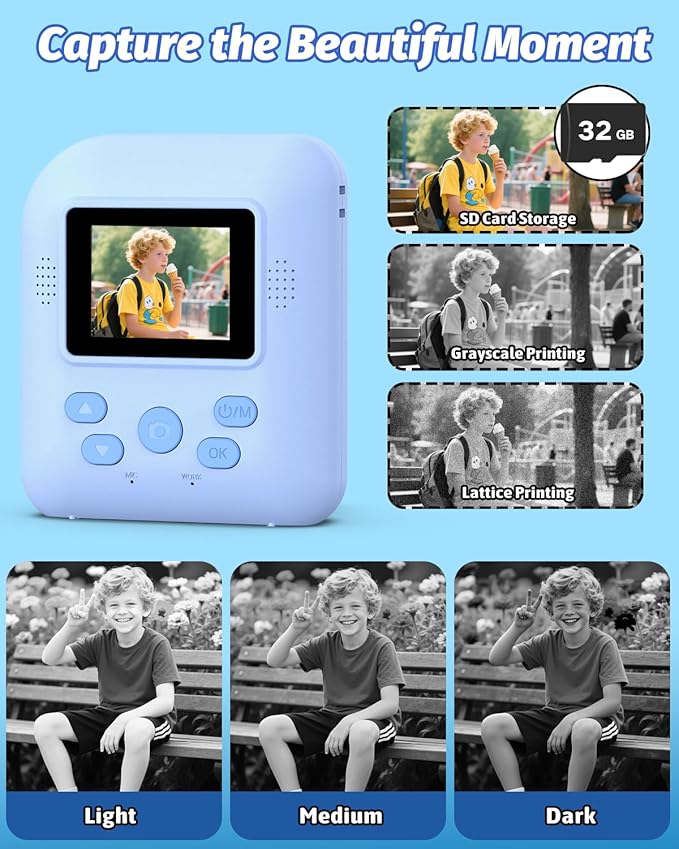 Kids Camera Instant Print Photo, Portable Thermal Printing Camera Toy with HD Digital Video, for 3-12 Years Old Boys Girls, Creativity & Learning (Blue)