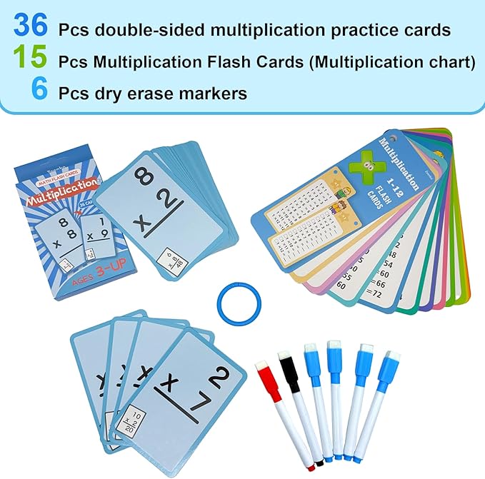 1-12 Math Flash Cards with 6 Dry Erase Pens, 15Pcs Big Multiplication Flash Cards + 36 Pcs Random Double-Sided Multiplication Practice Cards, Educational Math Flashcards for Kids Ages 6+