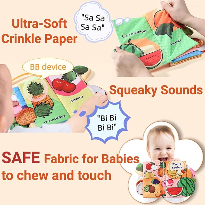 Baby Books 0-6 to 12 Months, Infant Soft Cloth Tummy Time Toys for Babies 0-3-4-5-7-8-9, Christmas Newborn Girl Boy Gifts Crinkle Touch Feel Sensory Fruit Book for Car Seat Stocking Stuffers