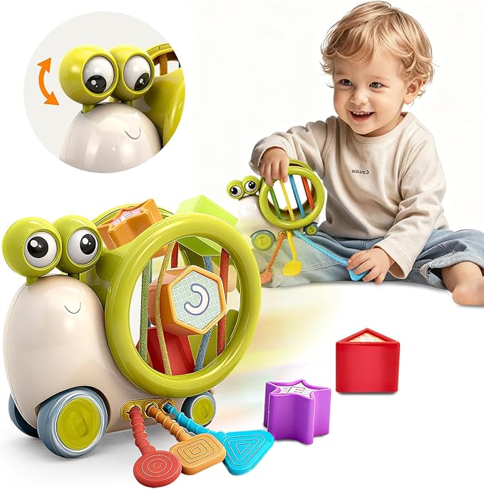 Activity Cube Baby Toys, 5 in 1 Montessori Sensory Toy for 1-3, Infant Toy with Shape Sorter & Silicone Pull String, Snail Push-to-go Car Seat Airplane Travel Toy Gift for Boy Girl
