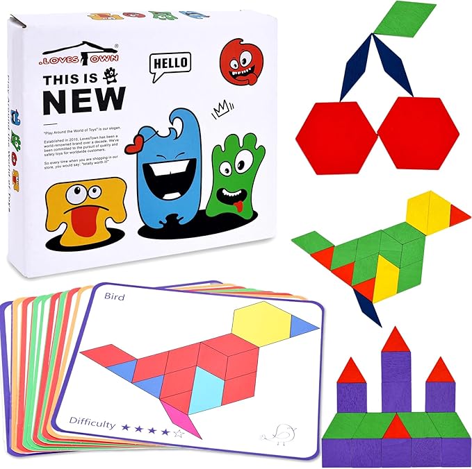 LovesTown Wooden Pattern Blocks Set for Kids, Geometric Shapes with Learning Cards, 150 PCS Educational Puzzle Toy