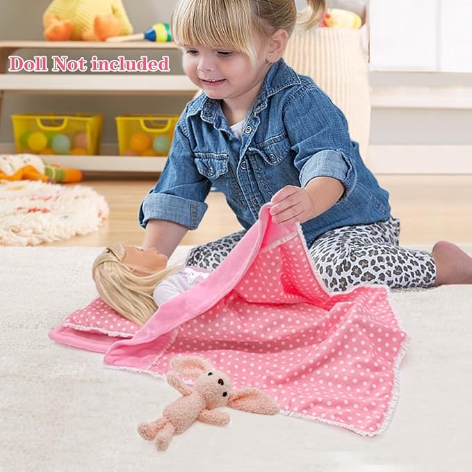 Baby Doll Accessories Bedding Set Soft Blanket Mattress Pillow Dolls Playset Fits 16-18 Inches American Doll Furniture Toy Girls and Boys (Pink)