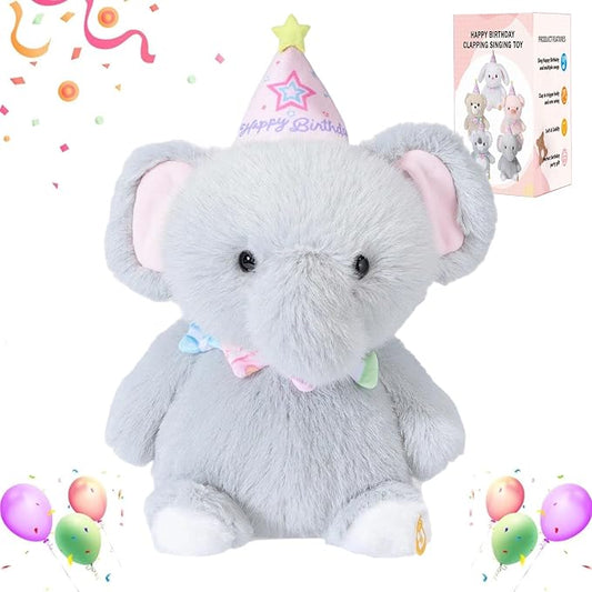 Happy Birthday Interactive Elephant, Musical Birthday Stuffed Animal Recording Mimicking Toy, Clapping Activates Singing Dancing Shaking, Cute Elephant Plush Gifts for Kids Girls Boys