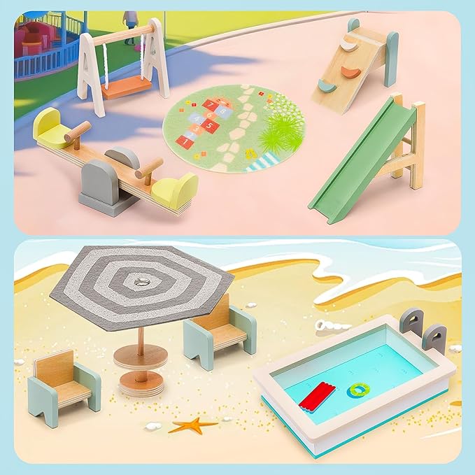 Wooden Doll House Furniture and Accessories Outdoor Play Set for Kids- Includes Slide, Swing, BBQ Grill, Pool & Garden - Perfect Doll House Decor Gift for Children 3-6 Years Birthday Christmas