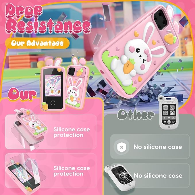 Luyiilo Kids Smart Phone Toys for Girls,Easter Gift for Kids Toys for 3-9 Girls Mini Smart Phone Toys with 2.8" Touchscreen 16 Learning Games Dual Camera Music Player, 8G SD Card