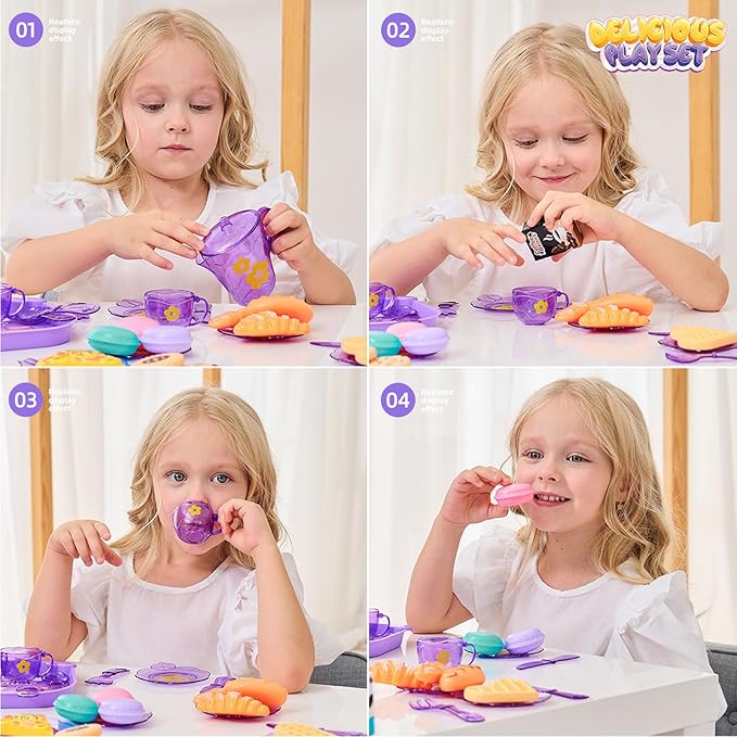 Tea Party Set for Little Girls, Pretend Dessert Food Set for Kids Age 3 4 5 6 7 8 9, Kids Kitchen Pretend Play Dessert Set for Girls Princess Boys (Purple)