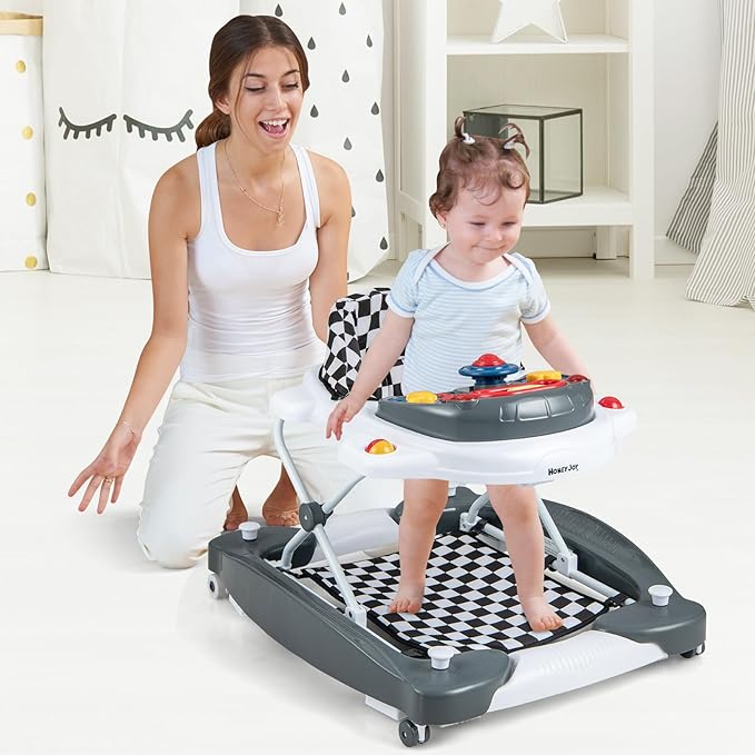HONEY JOY Baby Walker, 6-in-1 Foldable Baby Walker and Bouncer Combo, Infant Activity Walker with Wheels, Adjustable Heights, Rocker, Music, Lights, Walker for Baby Boy Girl 7-14 Months (Gray)