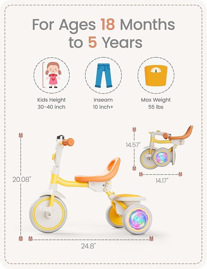 besrey Colorful Lighting Toddler Tricycle for Ages 18 Months to 5 Years, Toddler Bike with Bell, Kids Tricycle, Gift for 2-5 Year Olds, Toy for Boys and Girls, Tricycle for Toddlers, Yellow
