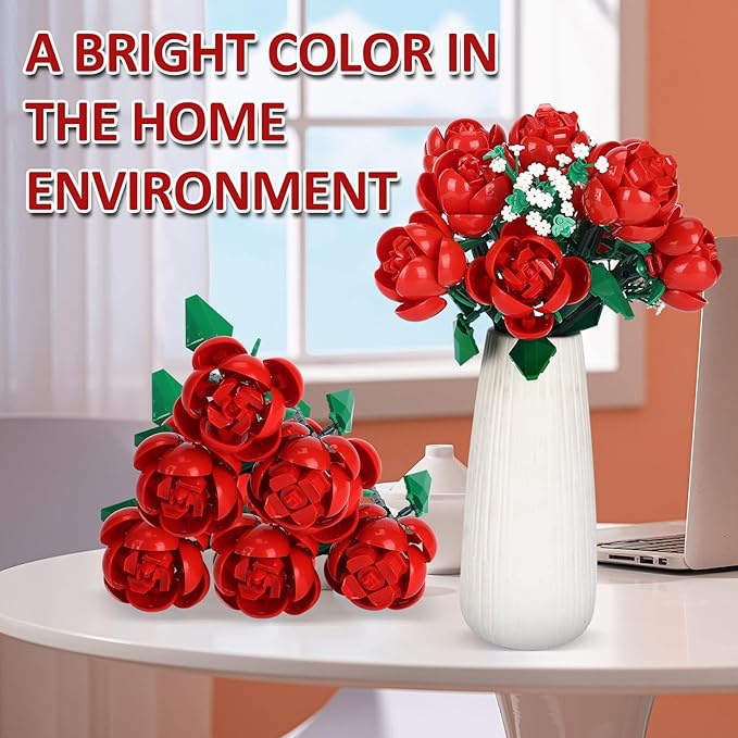 Flower Bouquet Building Kit,1000 Pcs Artificial Flower Bouquet Kit for Adults,Botanical Collection for Home Decor,Ideal Gift for Women,Christmas,Anniversaries (Rose)