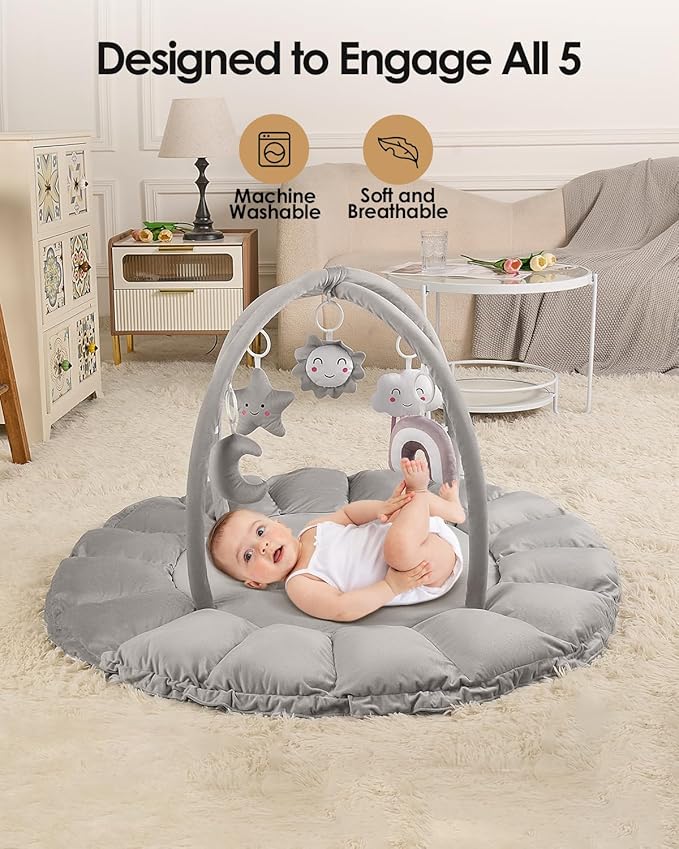 5-in-1 Convertible Baby Gym Play Mat with Hanging Toys, Soft Padded Baby Lounger & Ball Pit, Plush Tummy Time Mat for Newborns to Toddlers, Machine Washable, Gray