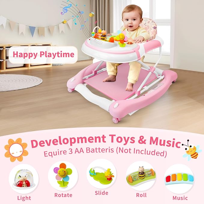 5 in 1 Baby Walker, Music and Lights Walker for Baby Boy Girls 6-12 Months, Foldable Baby Walkers with Wheels and Bouncer Combo Portable, Toddler Infant Walker with Adjustable Height