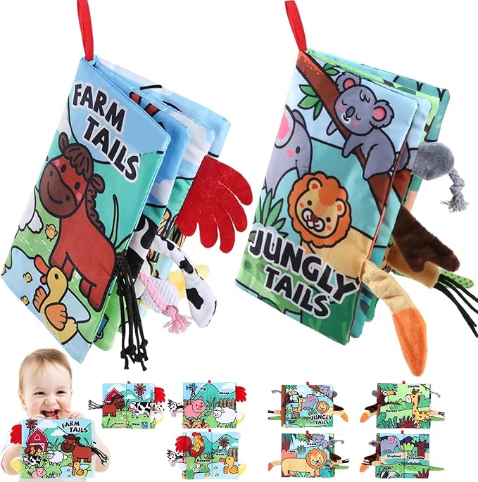 Baby Books, Tummy Time Cloth Baby Toys 0-3-4-6-9-12 Months Touch Feel Soft Crinkle Sensory Book Farm Jungly Tails Girls 6 to 12 Month, Early Learning Toy, Newborn Infant Boy Shower Gifts 2PCS
