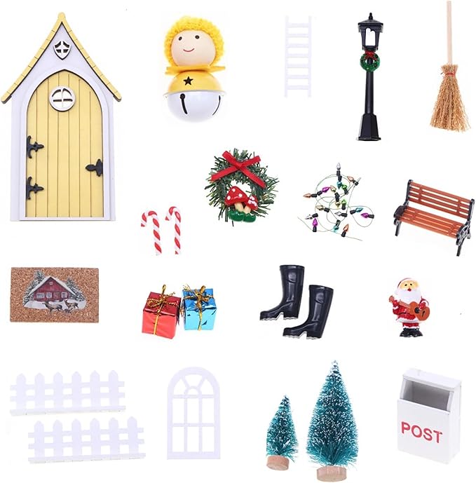 LOGOFUN Miniature Fairy Door Elf Gnome Set with Yellow Bell for Dollhouse Christmas Scene Decoration