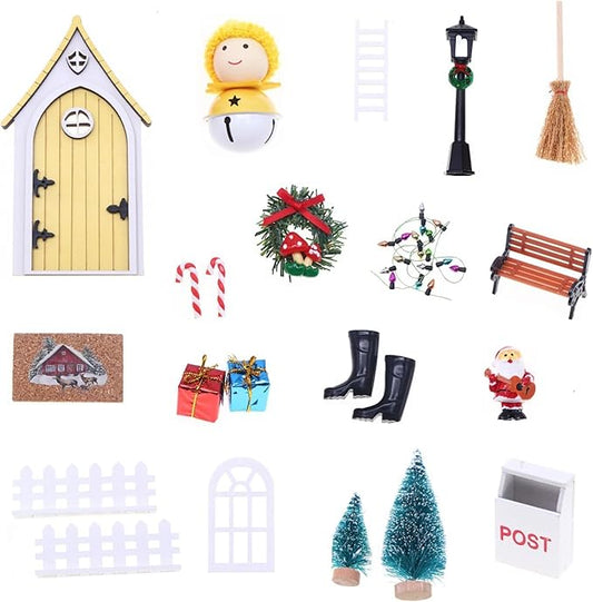 LOGOFUN Miniature Fairy Door Elf Gnome Set with Yellow Bell for Dollhouse Christmas Scene Decoration