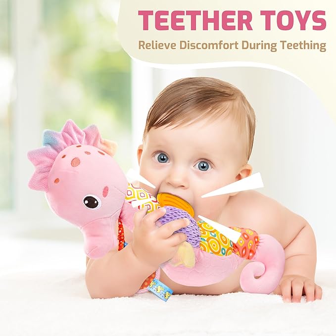 Sumobaby Infant Baby Musical Stuffed Animal Activity Soft Toys with Multi-Sensory Crinkle, Rattle and Textures, for Tummy Time Newborn 0-3-6-12 Months Girls,Seahorses - Pink with Baby Mirror