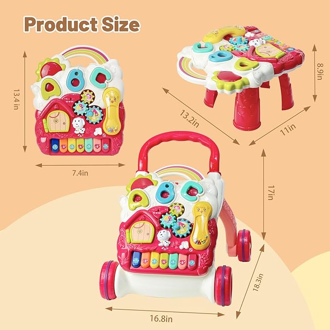 Sit to Stand Baby Walker, Activity Center with Music and Light, Activity Table for Toddlers, Push Toys for Babies Learning to Walk, Early Education Toys for Infant Boys Girls 6 Months Up (Red)