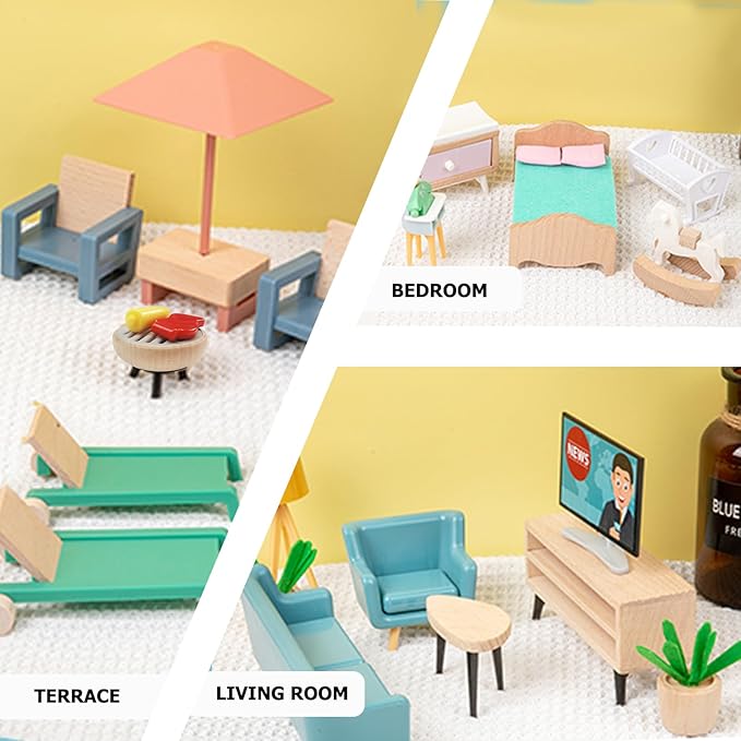 43PCS Wooden Dollhouse Furniture Set 6 Rooms with 5 Family Dolls,Wood and Plastic Dollhouse Accessories, in/Outdoor Scenes Pretend Play Toys Christmas Birthday Gift for Boys Girls & Kids 3Y+