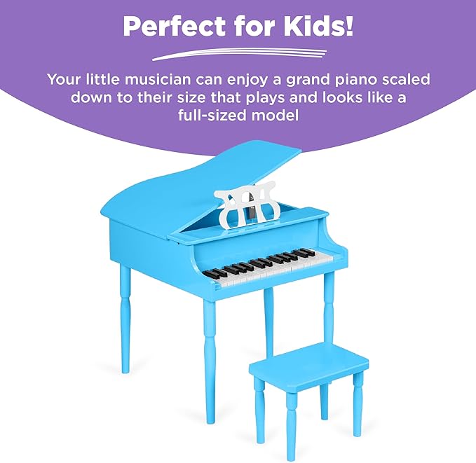 Best Choice Products Kids Classic Wooden 30-Key Mini Grand Piano Musical Instrument Toy w/ Piano Lid, Bench, Foldable Music Rack, Song Book, Note Stickers, Enamel Finish - Light Blue
