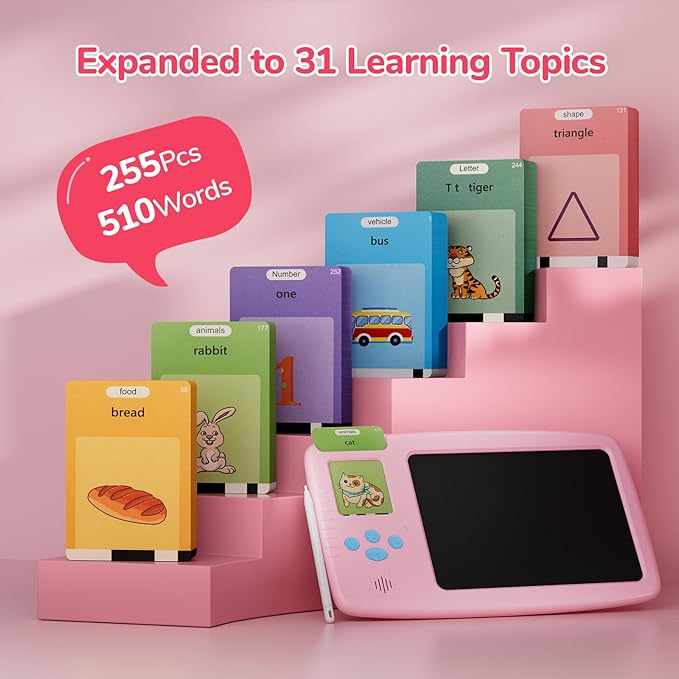 Talking Flash Cards for Toddlers: 2-in-1 LCD Writing Tablet Kids - Montessori Language Learning with 510 Words - Autism & Speech Therapy Toys for Children Gifts, Pink