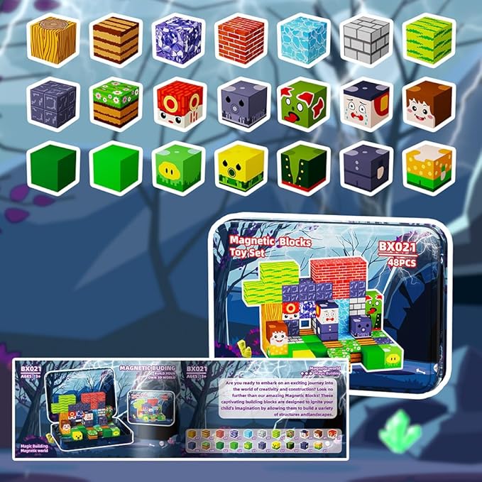 Magnetic Building Blocks, 48 Piece Set with Portable Iron Box, Kids Sensory Toys for STEM Learning, Children's Travel Magnetic Toys, Best Gifts for Boys and Girls' Birthdays and Christmas