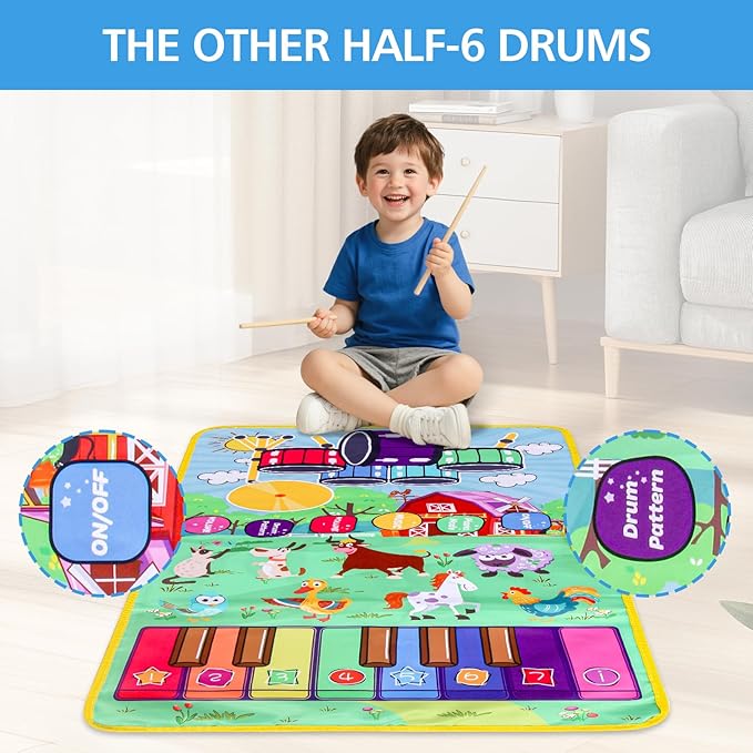 Musical Farm Animals Sounds Piano Mat for Kids, Sensory Educational Learning Toy with Drumset for Toddlers, Interactive Floor Touch Play Mat Dancing Keyboard Carpet for 1-5 Year Old Boy Girl Gifts