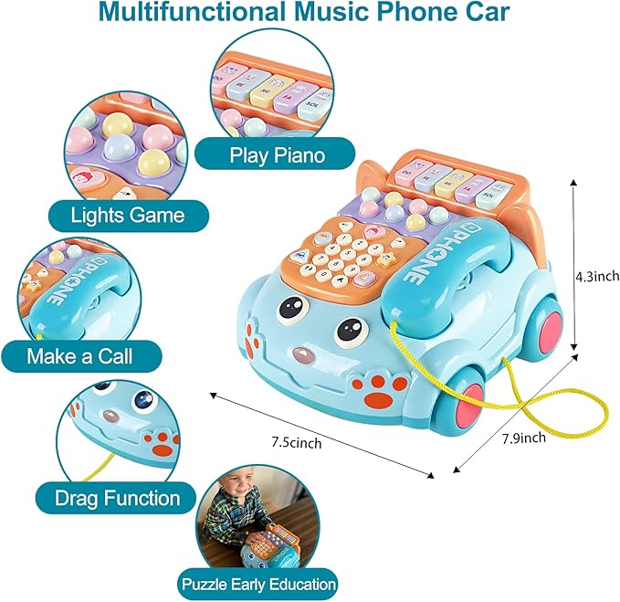 Baby Toy Phone Cartoon Baby Piano Music Light Toy Children Pretend PhoneToy Gift Game Boy Girl Early Education Gift Blue (18 M+)