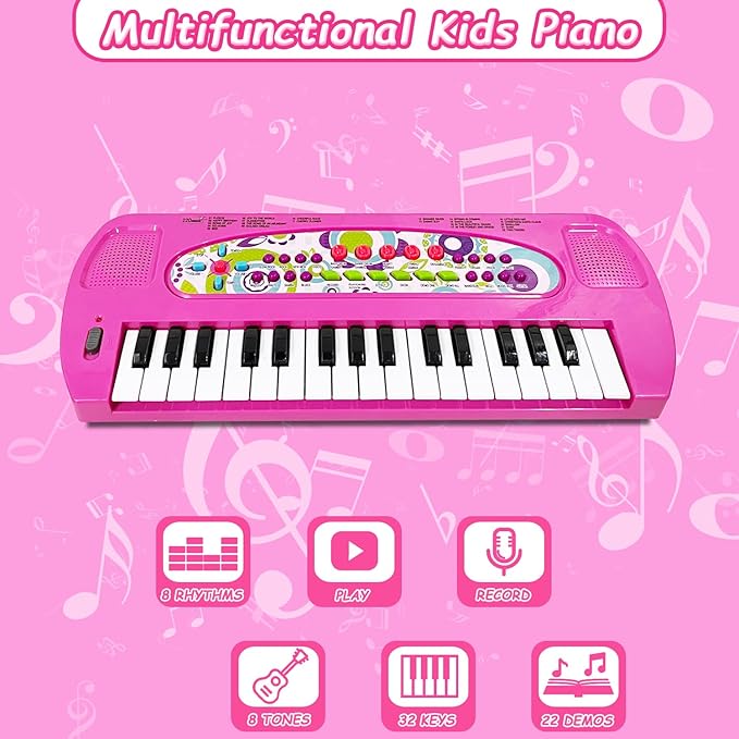 32 Keys Kids Piano Keyboard Toys, Multifunction Keyboard for Kids - Children Early Learning Educational Music Piano Toys for 3-8 Year Old Boys and Girls (Pink)